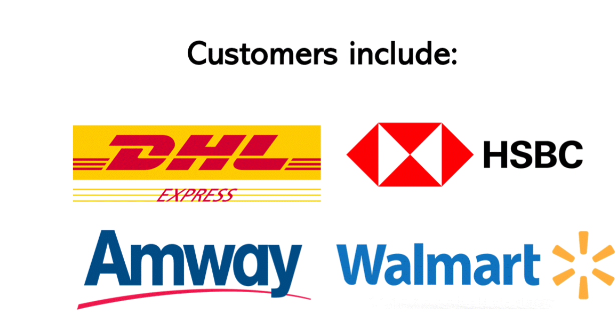 Customers include DHL Express, HSBC, Amway, Walmart